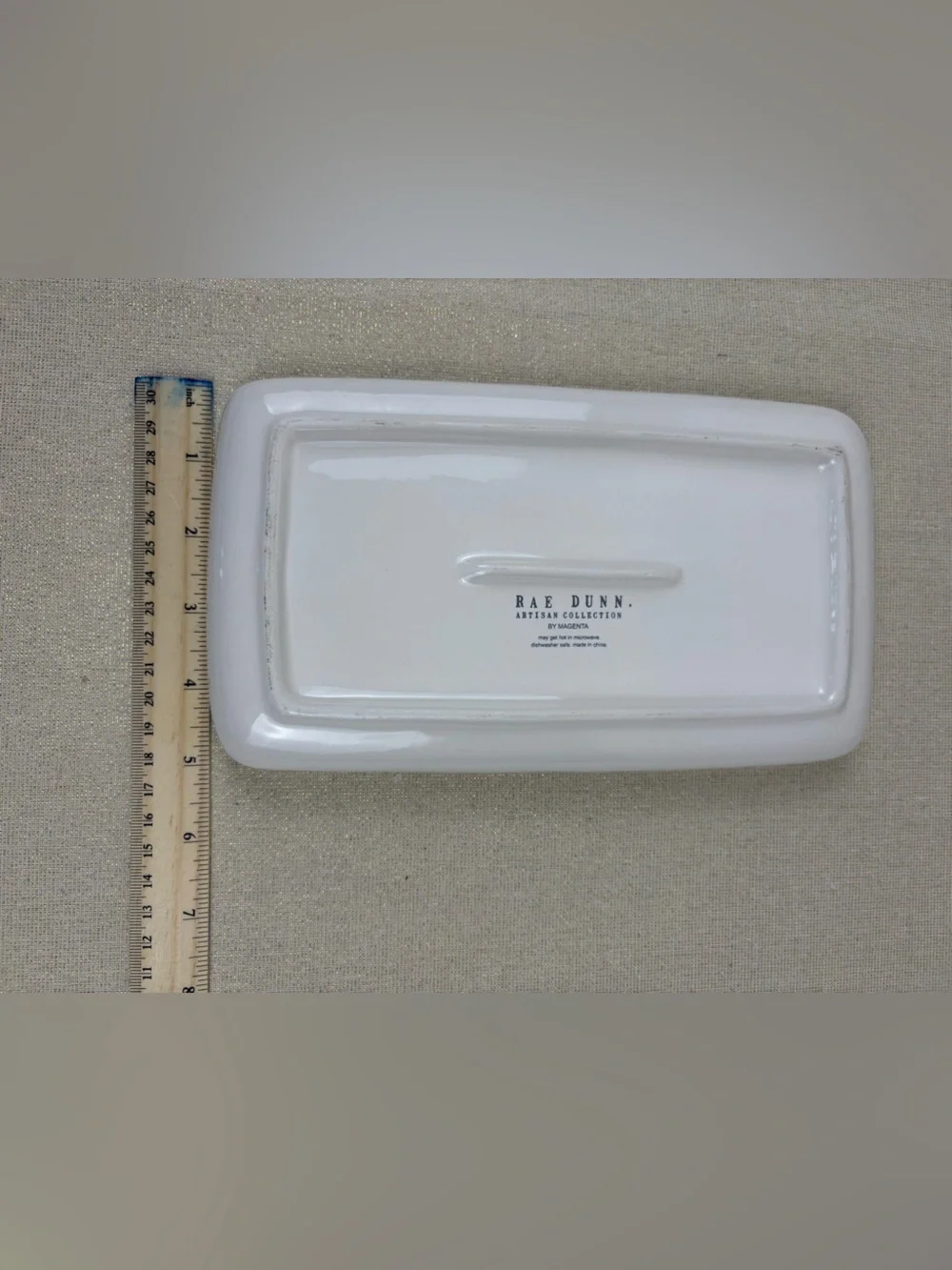 Rae Dunn by Magenta White Ceramic Tray Labeled “TRINKETS” in Black Lettering